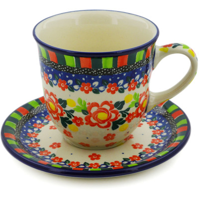 Polish Pottery Cup with Saucer 10 oz Floral Puzzles UNIKAT