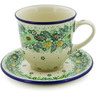 Polish Pottery Cup with Saucer 10 oz Green Wreath UNIKAT