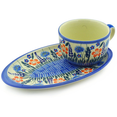 Polish Pottery Cup with Saucer 10 oz