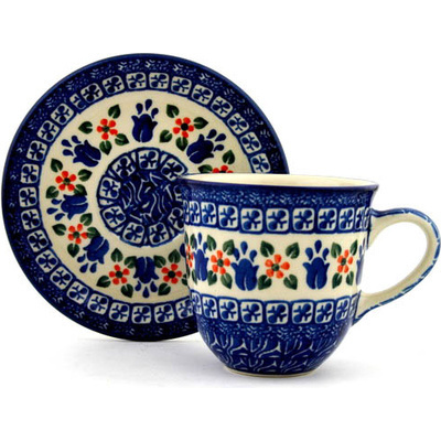 Polish Pottery Cup with Saucer 10 oz Holland Tulips