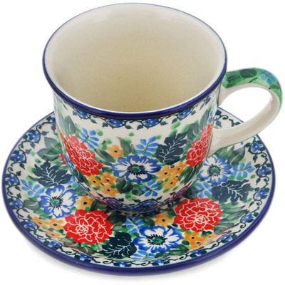 Polish Pottery Cup with Saucer 10 oz Hummingbird Meadow UNIKAT