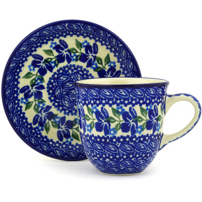 Polish Pottery Cup with Saucer 10 oz Lovely Surprise