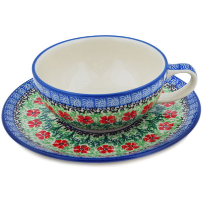 Polish Pottery Cup with Saucer 10 oz Maraschino