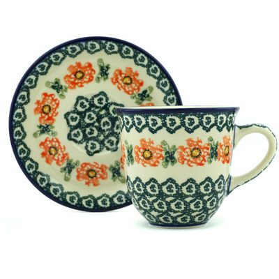 Polish Pottery Cup with Saucer 10 oz Meadow Breeze