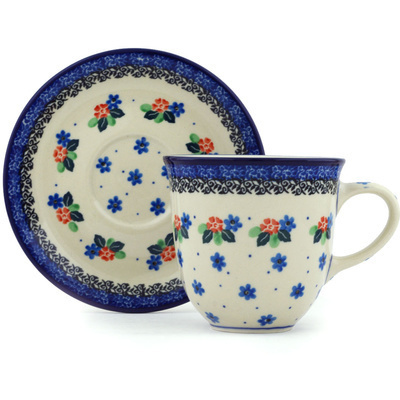 Polish Pottery Cup with Saucer 10 oz Meadow Walk
