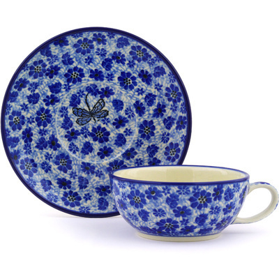 Polish Pottery Cup with Saucer 10 oz Misty Dragonfly