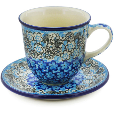 Polish Pottery Cup with Saucer 10 oz Out Of Blue UNIKAT