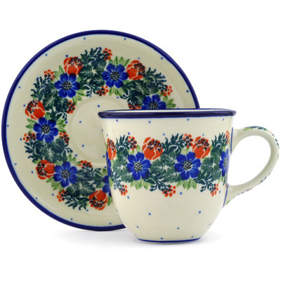 Polish Pottery Cup with Saucer 10 oz Polish Wreath