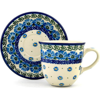 Polish Pottery Cup with Saucer 10 oz Poppy Circle