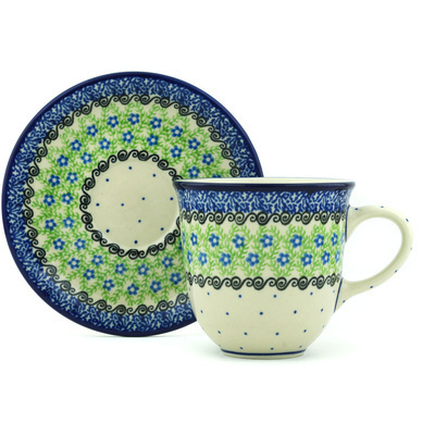 Polish Pottery Cup with Saucer 10 oz Prairie