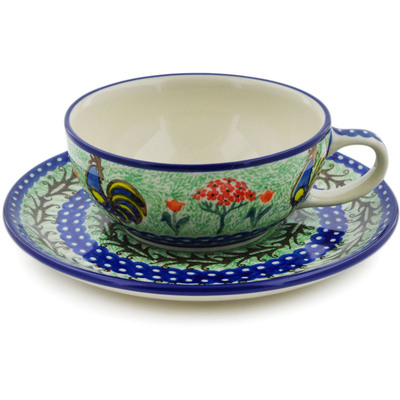 Polish Pottery Cup with Saucer 10 oz Rooster Dance UNIKAT