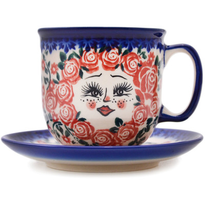 Polish Pottery Cup with Saucer 10 oz Rose Women