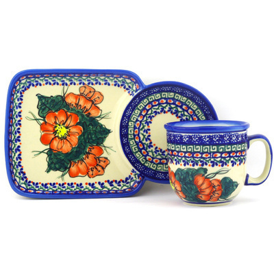 Polish Pottery Cup with Saucer 10 oz UNIKAT