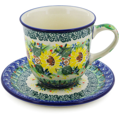 Polish Pottery Cup with Saucer 10 oz Yellow Garden UNIKAT