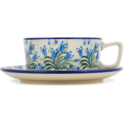 Polish Pottery Cup with Saucer 11 oz Feathery Bluebells