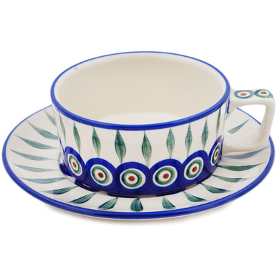 Polish Pottery Cup with Saucer 11 oz Peacock Leaves