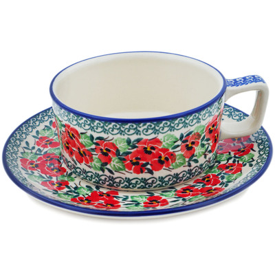Polish Pottery Cup with Saucer 11 oz Red Pansy