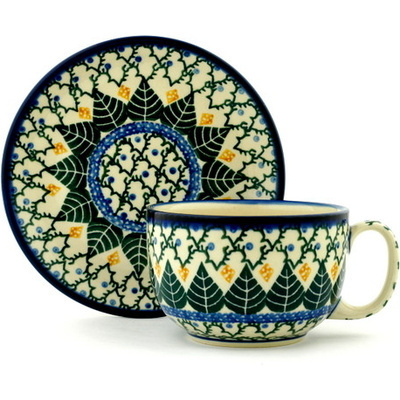Polish Pottery Cup with Saucer 13 oz Alpine Leaves