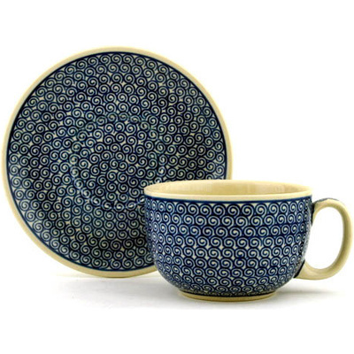 Polish Pottery Cup with Saucer 13 oz Baltic Blue