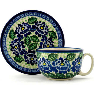 Polish Pottery Cup with Saucer 13 oz Blue Bliss