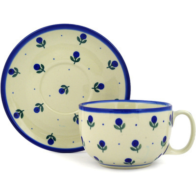 Polish Pottery Cup with Saucer 13 oz Blue Buds