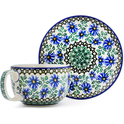 Polish Pottery Cup with Saucer 13 oz Blue Chicory