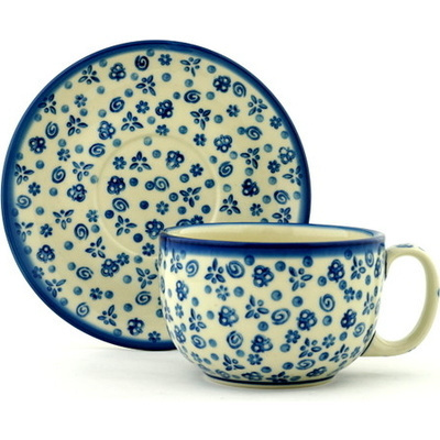 Polish Pottery Cup with Saucer 13 oz Blue Confetti