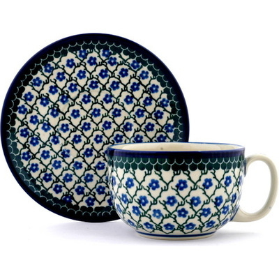 Polish Pottery Cup with Saucer 13 oz Blue Daisy Trellis