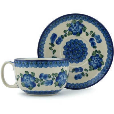 Polish Pottery Cup with Saucer 13 oz Blue Poppies