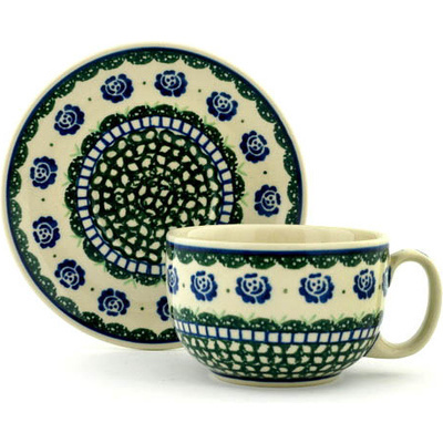Polish Pottery Cup with Saucer 13 oz Blue Rose Patch