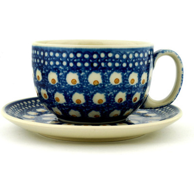 Polish Pottery Cup with Saucer 13 oz Brown Eyed Peacock