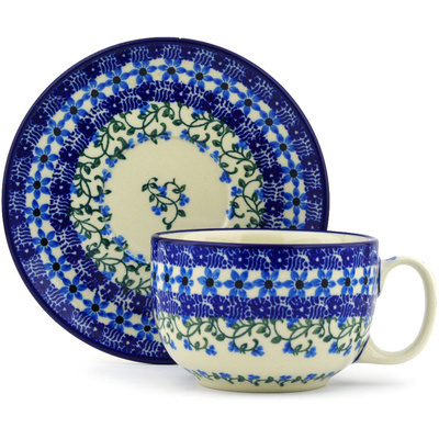 Polish Pottery Cup with Saucer 13 oz Dancing Vines