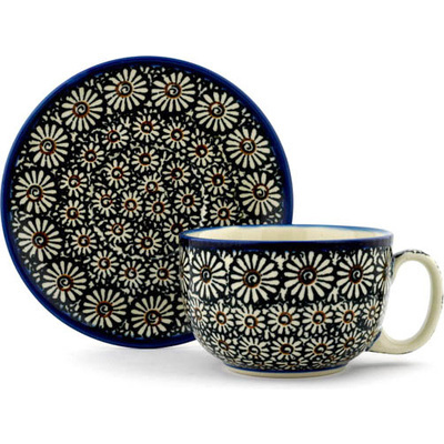 Polish Pottery Cup with Saucer 13 oz Dark Daisies