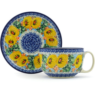 Polish Pottery Cup with Saucer 13 oz Enchanted Spring UNIKAT