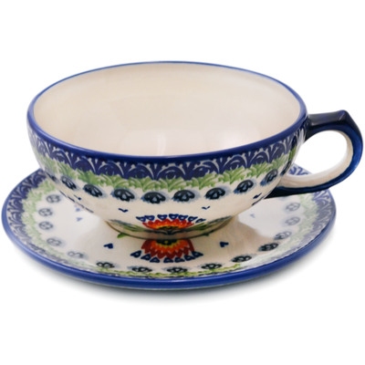 Polish Pottery Cup with Saucer 13 oz Flower Flames UNIKAT