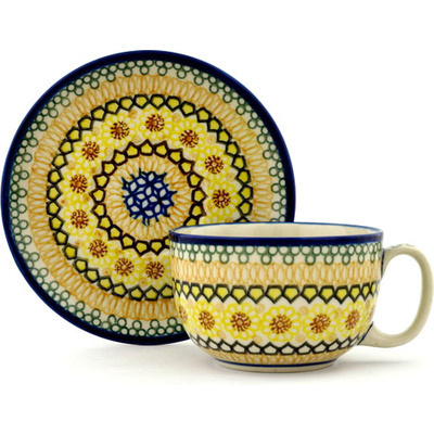 Polish Pottery Cup with Saucer 13 oz Geometric Sunflower