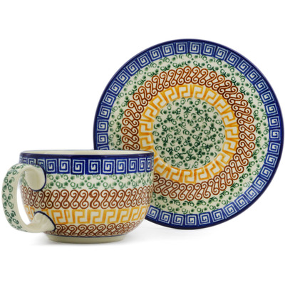 Polish Pottery Cup with Saucer 13 oz Grecian Sea