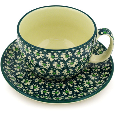 Polish Pottery Cup with Saucer 13 oz Green Garlands