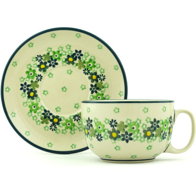 Polish Pottery Cup with Saucer 13 oz Green Wreath