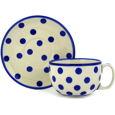 Polish Pottery Cup with Saucer 13 oz Happy Dots