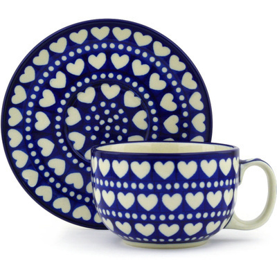 Polish Pottery Cup with Saucer 13 oz Heart To Heart