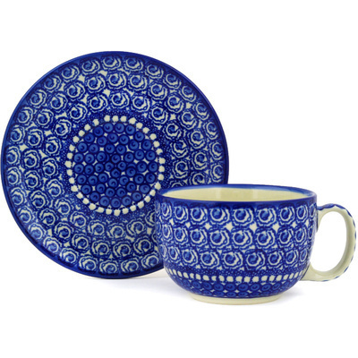 Polish Pottery Cup with Saucer 13 oz High Tide
