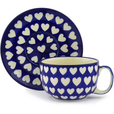 Polish Pottery Cup with Saucer 13 oz Hypnotic Hearts
