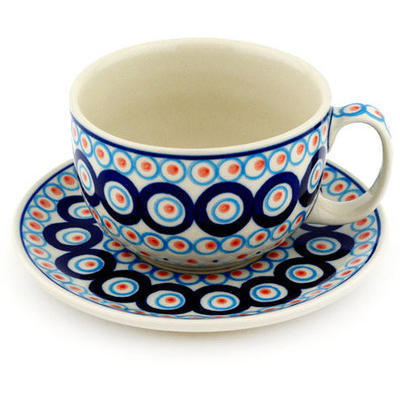 Polish Pottery Cup with Saucer 13 oz Modern Peacock