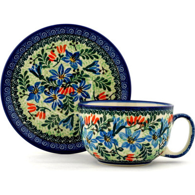 Polish Pottery Cup with Saucer 13 oz Morning Lilies UNIKAT