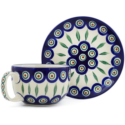 Polish Pottery Cup with Saucer 13 oz Peacock Leaves