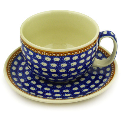 Polish Pottery Cup with Saucer 13 oz Peacock Rain