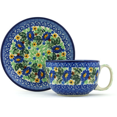 Polish Pottery Cup with Saucer 13 oz Peeking Blooms UNIKAT