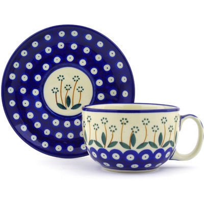 Polish Pottery Cup with Saucer 13 oz Pushing Daisy Peacock