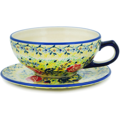 Polish Pottery Cup with Saucer 13 oz Rising Roses Yellow Morning UNIKAT